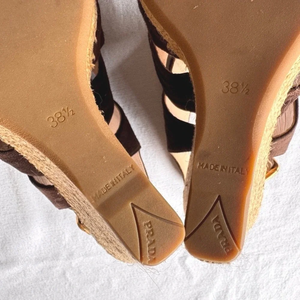 Prada‎ Brown Suede Espadrille Wedge Sandals Slingback Ruched Italian Size 38.5